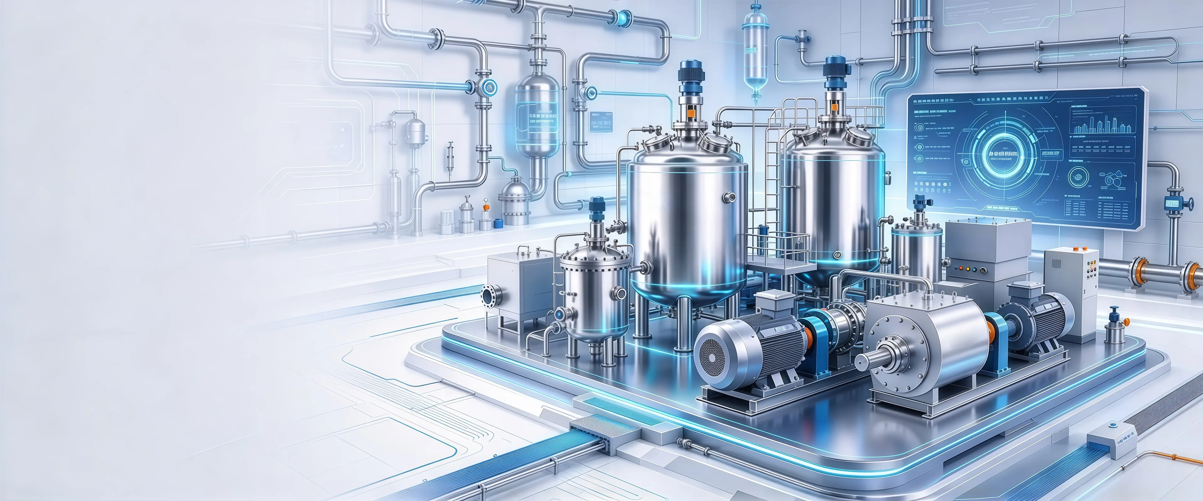 Illustrated process plant with stainless steel reactors, agitator drives, motors and a technical control display on a pale blue stage