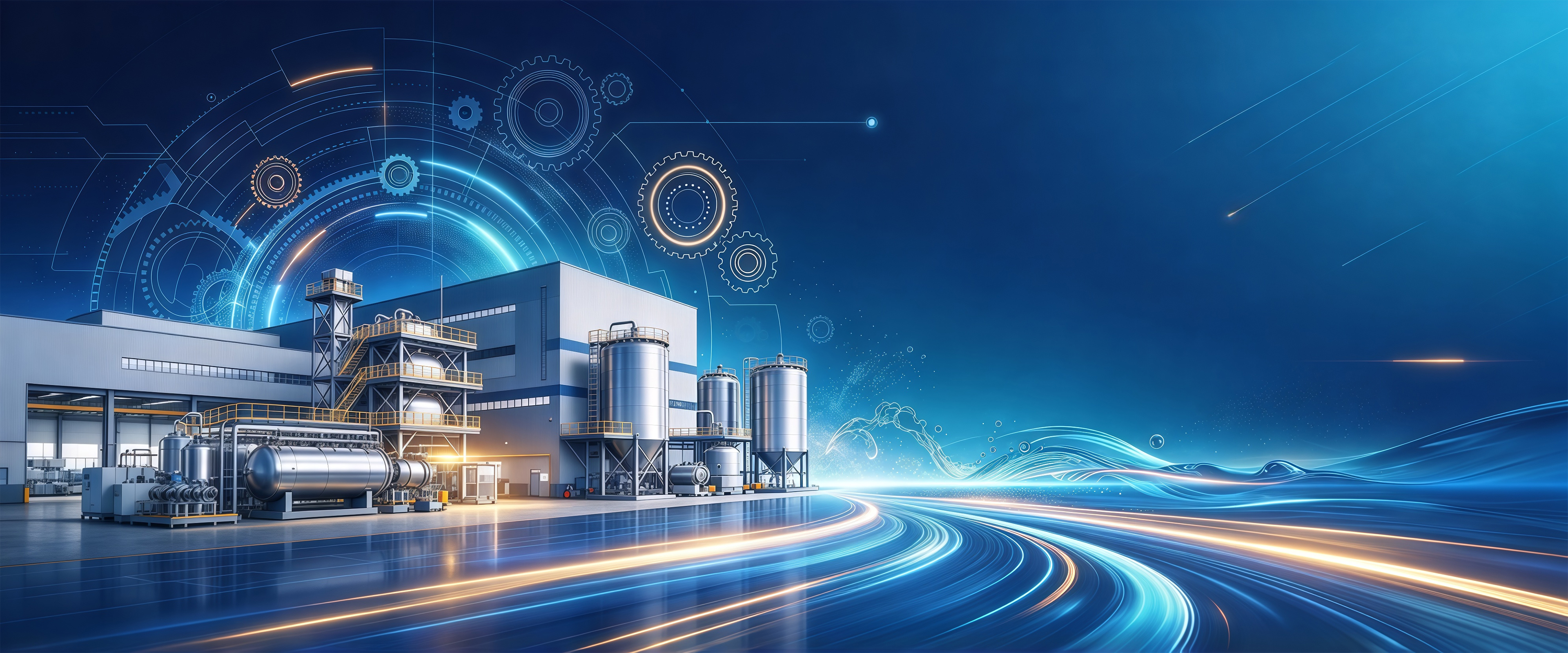 Industrial factory complex with a process tower, horizontal vessel and silos beside a glowing curved road on a deep blue background