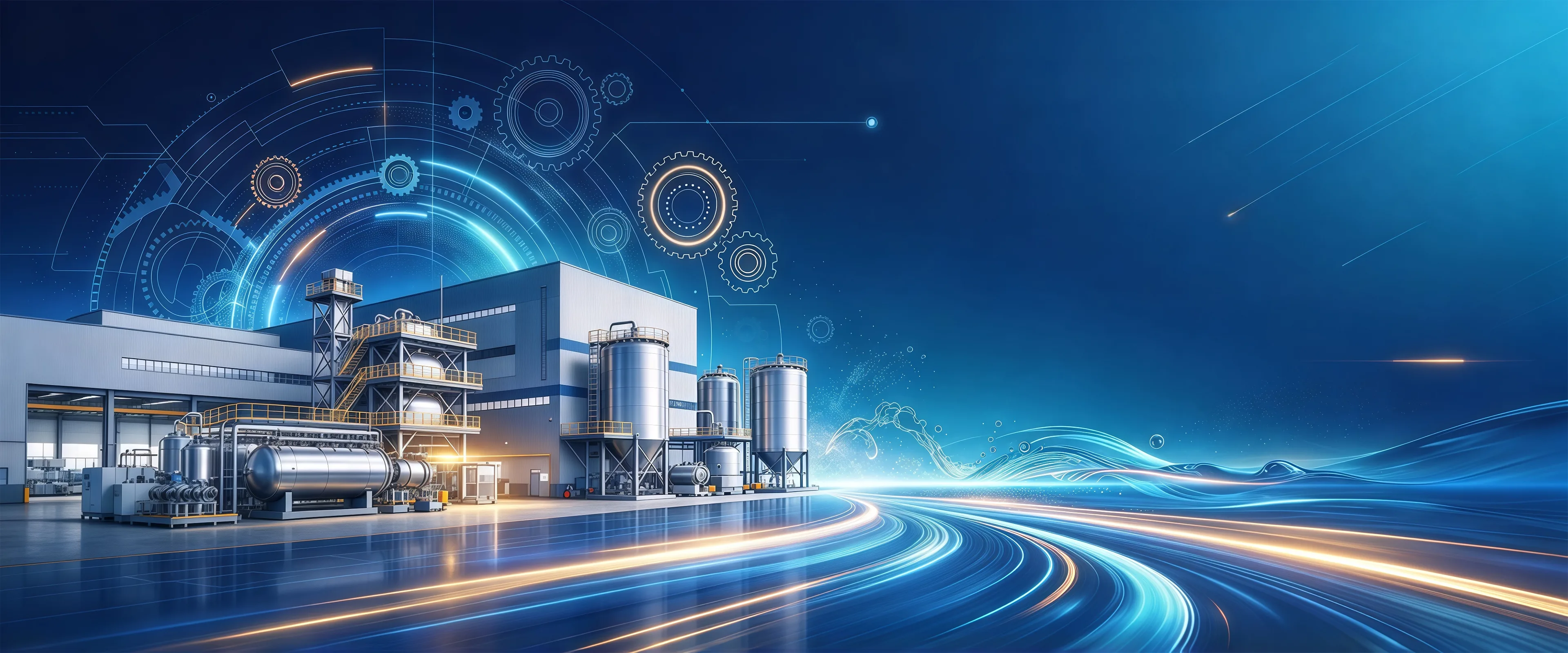 Industrial factory complex with a process tower, horizontal vessel and silos beside a glowing curved road on a deep blue background
