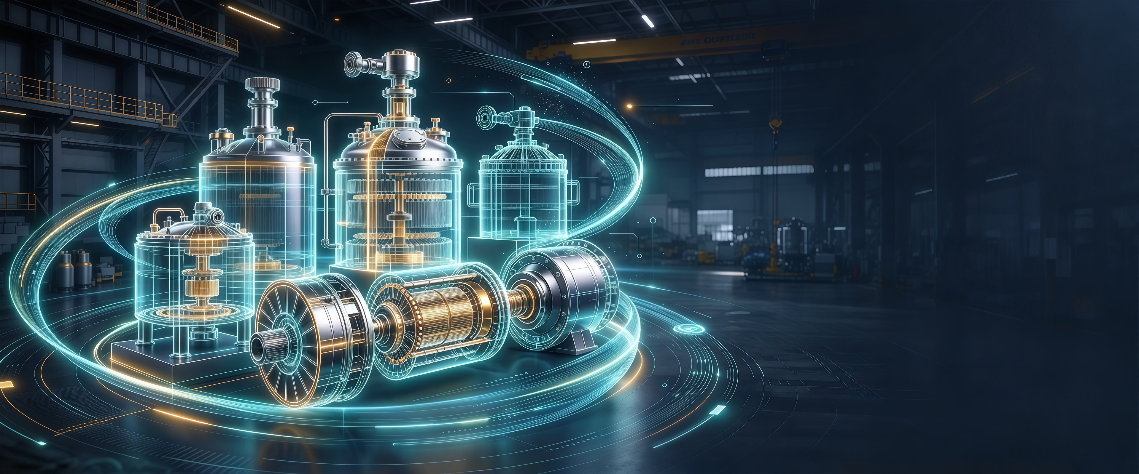 Wireframe engineering view of reactors and mixer drums inside a factory hall, circled by glowing flow lines