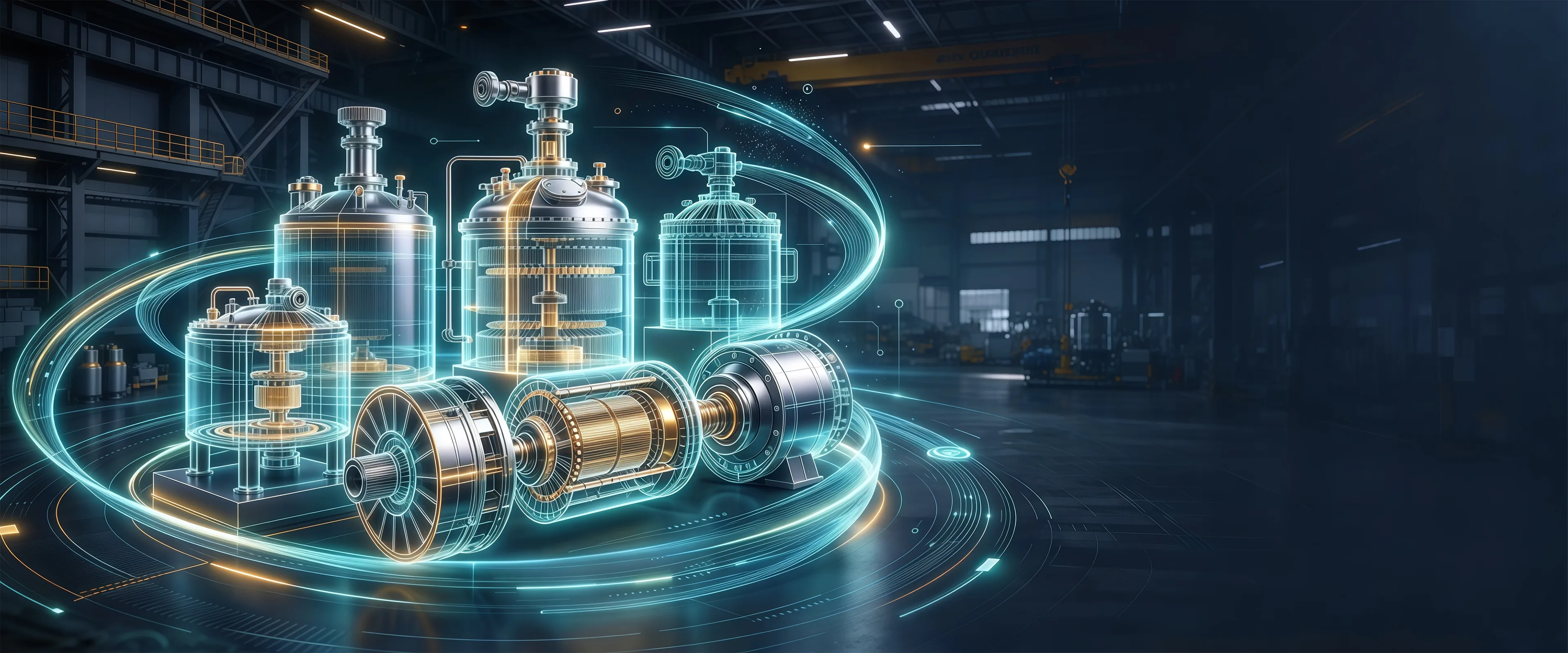 Wireframe engineering view of reactors and mixer drums inside a factory hall, circled by glowing flow lines